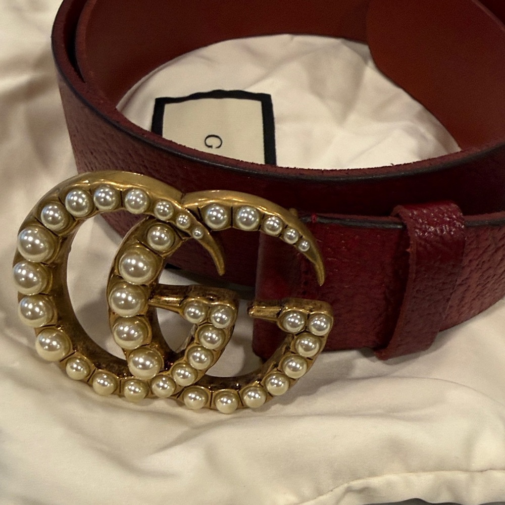 Gucci Red Belt with Gold Pearl Buckle 95 cm new with tags
